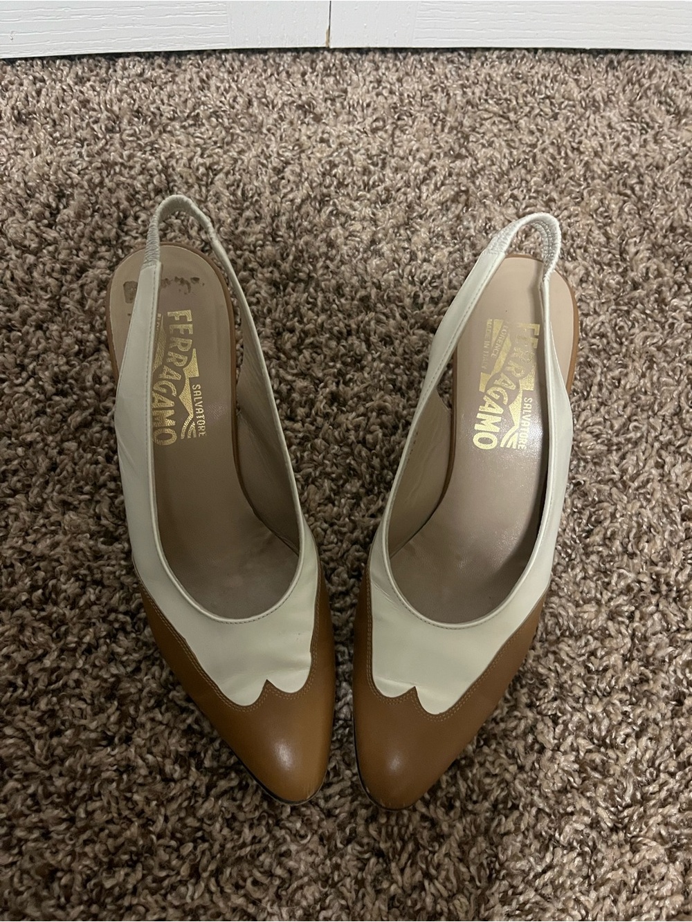 Salvatore Ferragamo Brown and Cream Pointed Toe Slingback Pumps